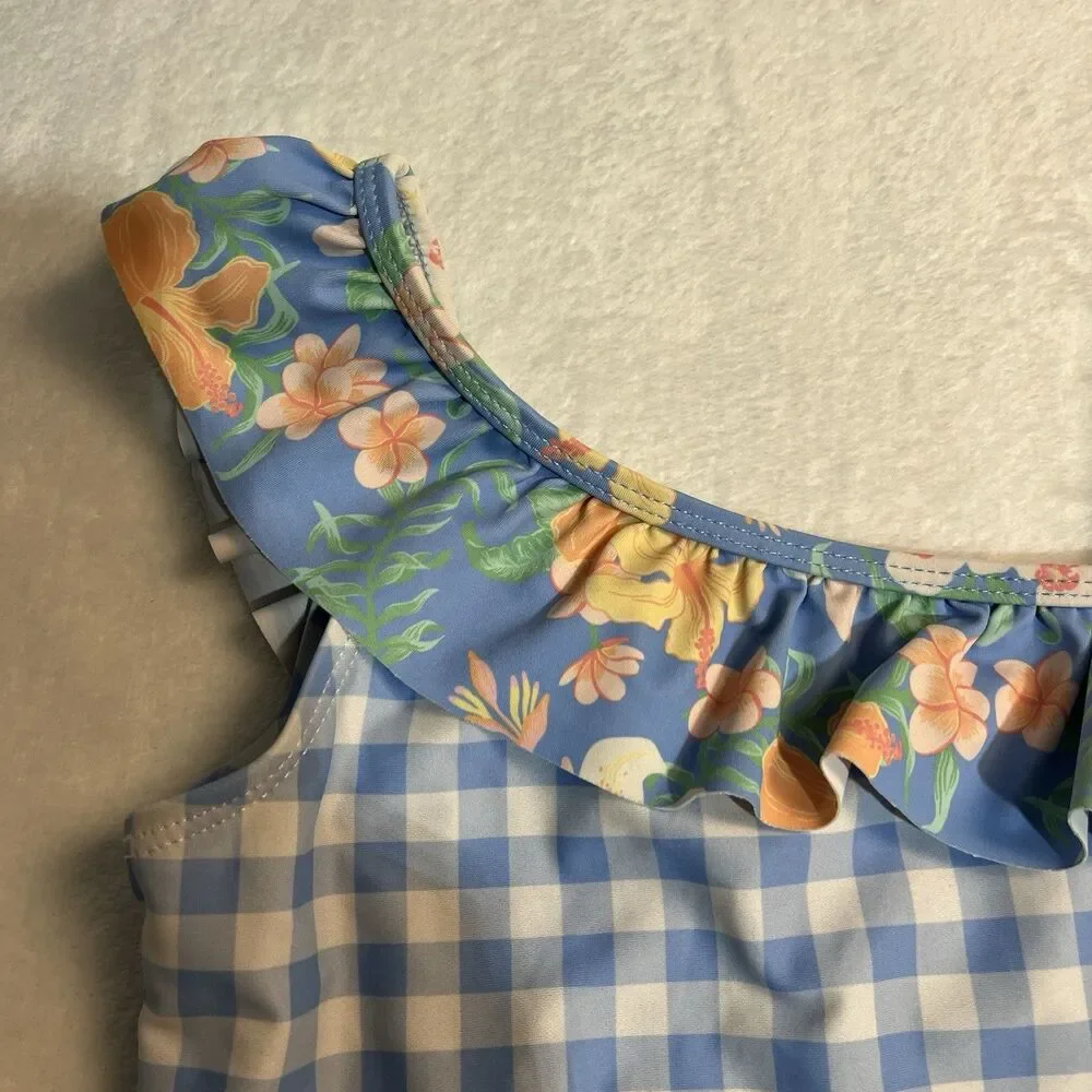 Tommy Bahama‎ Bathing Suit Girls Size 7 One Piece Floral Plaid Ruffles Swim Suit
